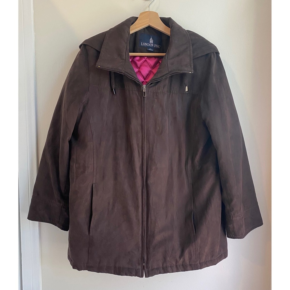 London Fog Jacket Womens L Pet Brown Faux Suede Quilted Lining Full Zip Classic
